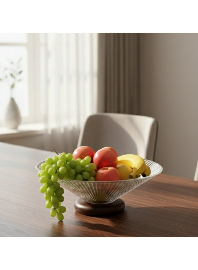 Large Glass Salad & Fruit Bowl with Walnut Wood Pedestal - 10" Elegant Crystal Centerpiece Bowl for Serving, Modern Trifle Bowl for Kitchen Counter, Party & Holiday Tablescape - Image 4